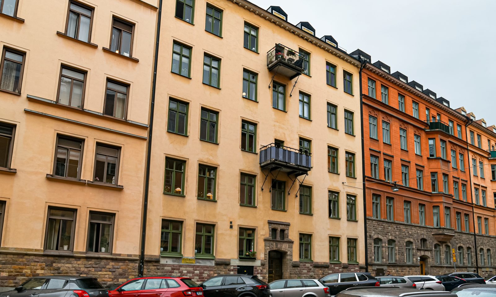 Apartment buildings along a street in Stockholm, Sweden